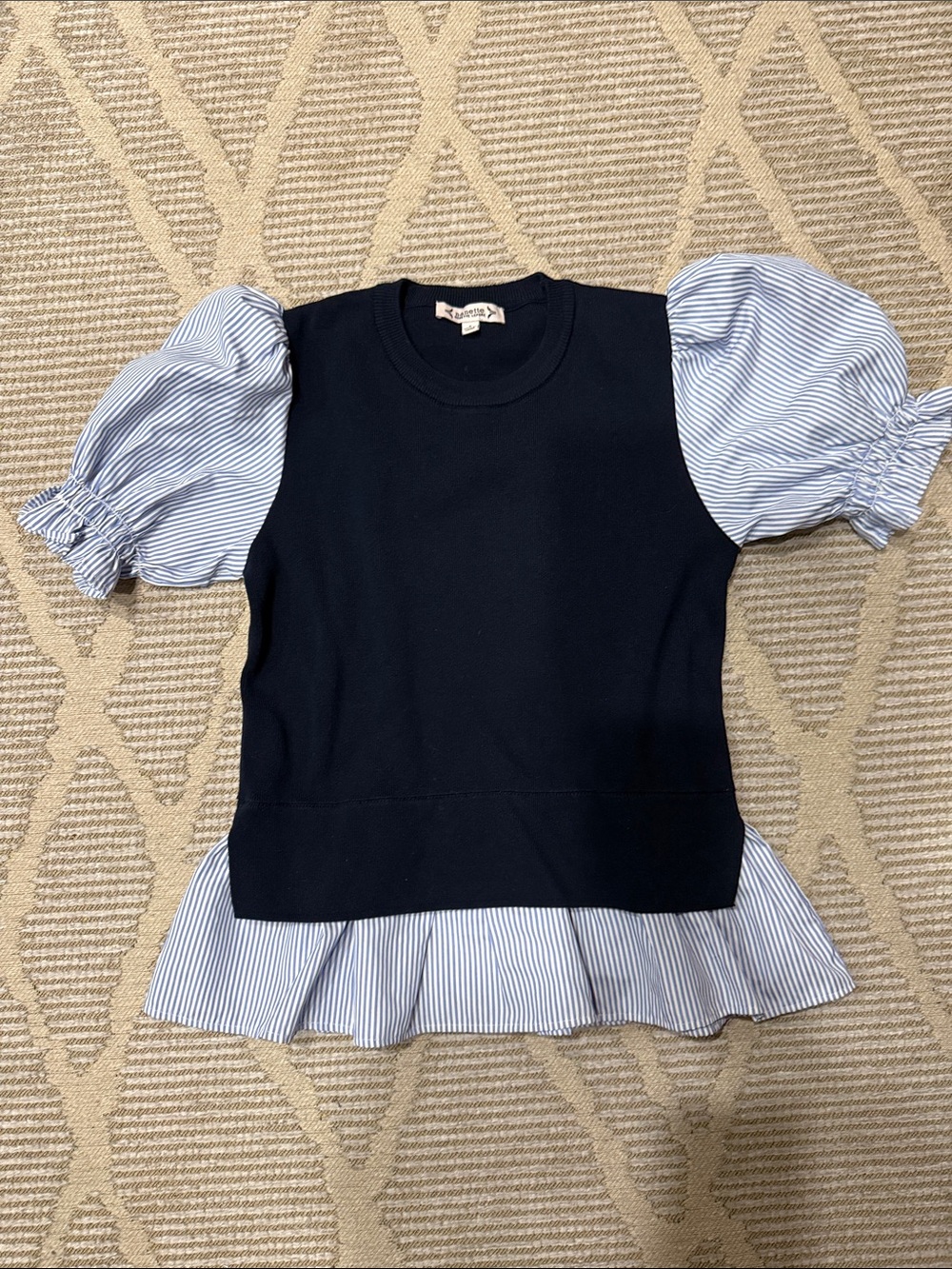 Nanette Lepore Navy Top with Blue-White Striped Puff Sleeves
